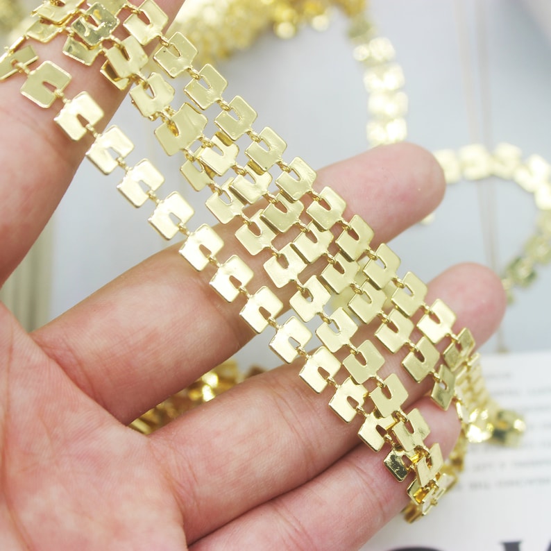 3.2feet Real Gold Plated Square Chain,Gold Disc Chain,Loose,Flat Chevron Chain,Herring bone Fish bone Chain,Collar Necklace diy,Finding