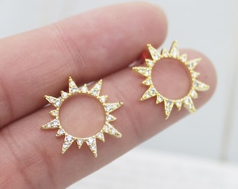 4PCS Real Gold Plated Brass Zircon Sun Earrings With 925 Sterling Silver Ear Stick