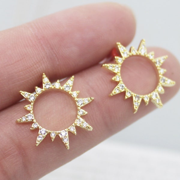 4PCS Real Gold Plated Brass Zircon Sun Earrings With 925 Sterling Silver Ear Stick