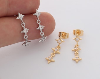 2pcs Real 18k Gold Plated Star Stud Earrings, Tiny Mini Dainty Earrings, Zircon Cross Stud,Minimalist Accessories,Bulk