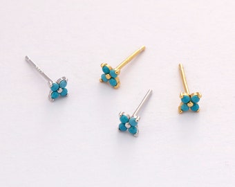2 boucles d'oreilles trèfle turquoise en argent sterling 925, minuscule mini clou d'oreille trèfle pavé de zircons, boucles d'oreilles cartilagineuses