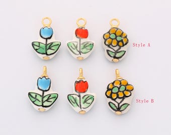 Colorful ceramic charm handmade painting ceramic porcelain floral flower vintage charm for necklace bracelet jewelry making supply