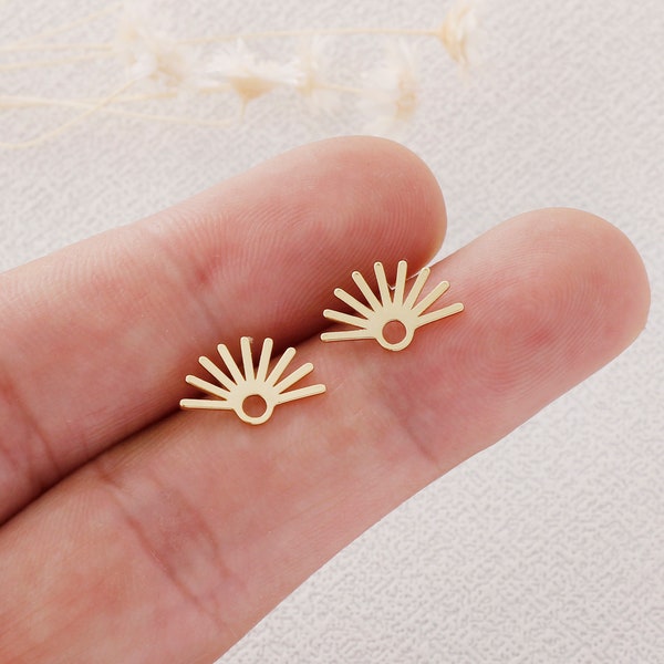 10PCS Real Gold Plated Brass Sun Earring Posts, Fan Earring Stud,Round Ear Studs, Earring accessories