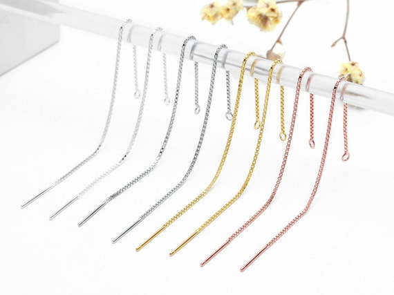 925 Sterling Silver 3 Ear Thread Earrings – Closed Loop + Box Chain, 90's Style Threaders