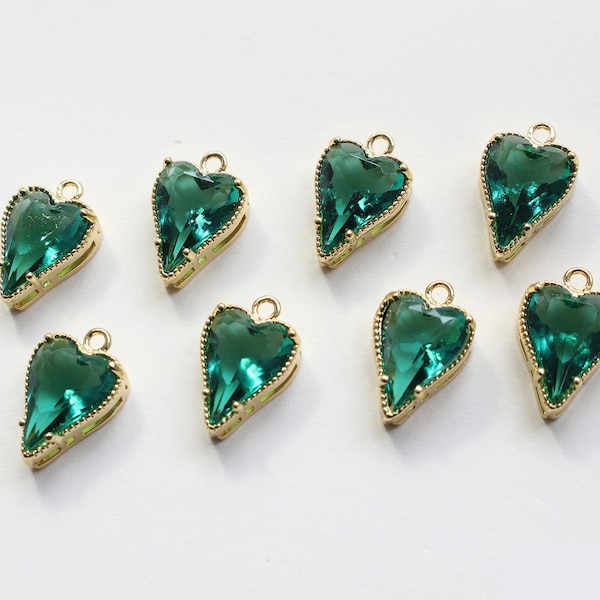 Dije de corazón chapado en oro real, colgante de corazón pavé de CZ, dije de corazón de circón verde esmeralda, material de bricolaje, colgante de pulsera, fabricación de joyas