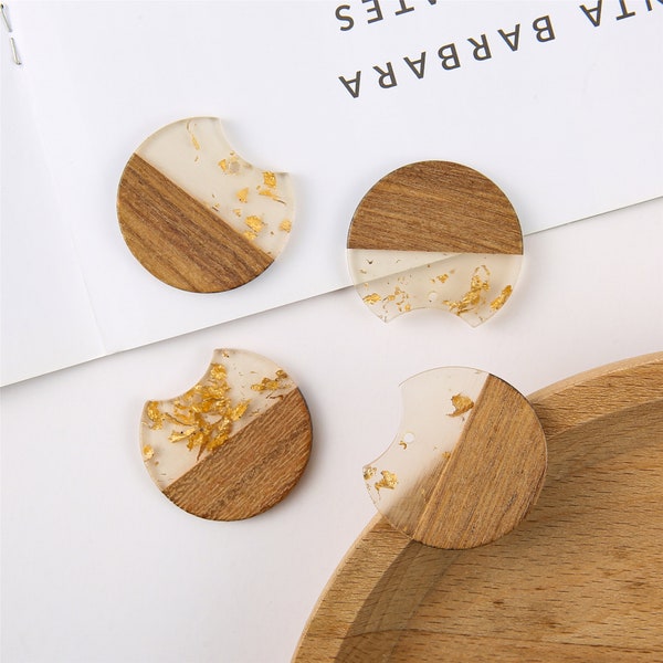 4pcs Epoxy Resin Pendants, Semi Translucent White Resin Findings, Wood and Resin Pendant, Color Blocked, Large Round Charm