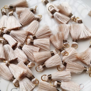 May include: A collection of beige tassels with gold-colored rings and brown accents. These small, decorative tassels are made of a soft, silky material and are ideal for jewelry making, crafting, or adding a touch of elegance to various projects.