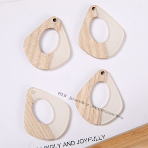 4pcs Epoxy Resin Pendants, Semi Translucent White Resin Findings, Wood and Resin Pendant, Large Teardrop Charm