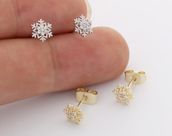 6pcs Real Gold Plated Dainty Snowflake Stud Earrings, Tiny Mini Pave Earrings, Zircon Cartilage Earring Stud,Minimalist Accessories,Bulk