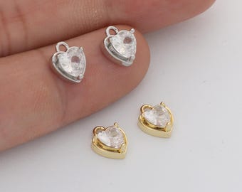 6pcs Real 18kGold Plated Heart Shape Zircon Charm,  CZ Pave Drop Pendant, Quality Jewelry Supply
