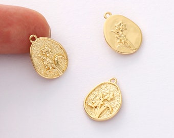 6pcs Real Gold Plated Birth Flower Charm, Oval Birth Month Flowers Pendant, Flower Coin,Double-sided, High quality, nickel free