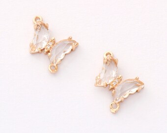 6pcs Gold Plated Crystal Butterfly Charm, Glass Butterfly Connector, Link, Animal Insects Finding, 12x16mm (small), Jewelry makeing