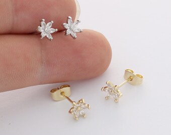 6pcs Real Gold Plated Flower Stud Earrings, Tiny Mini Dainty Earrings, Zircon Cartilage Earring Stud,Minimalist Accessories,Bulk