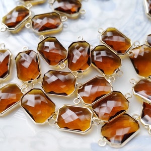 2pcs/10pcs Faceted Amber Glass Charm Connector,Drop Glass Pendant,Faceted Glass Drop Charm,Framed Glass Pendant,Quality Plated over Brass