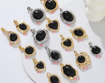 2pcs 18K Real Gold Plated Black Agate Gemstone Oval Molten Bezel Pendant,Natural Stone Teardrop Charm,Gemstone Charm, Jewelry Making
