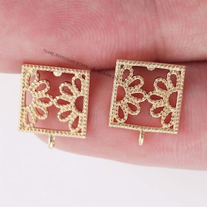 10PCS Real Gold Plated Brass Square Earring Posts, Earring Stud,Round Ear Studs, Earring accessories