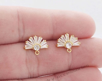 6PCS Real Gold Plated Brass Zircon Fan Earrings