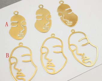 2PCS Hollow Face Charms,Sleeping Beauty Charm,Abstract Face Pendant,Earring Drop,Earring Charms,Minimalist,Geometry, Jewelry Supplies