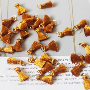 May include: A collection of small, gold-colored tassels with a loop at the top. The tassels are made of a soft, silky material and are perfect for adding a touch of elegance to any project.