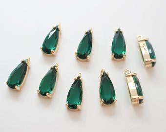 10pcs Emerald Green Glass Pendant Charm,Large Faceted Lucite beads,Teardrop Channel Charm,Bezel Gemstone, wholesale prices