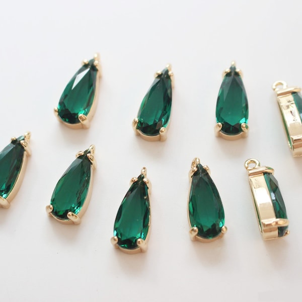 10pcs Emerald Green Glass Pendant Charm,Large Faceted Lucite beads,Teardrop Channel Charm,Bezel Gemstone, wholesale prices