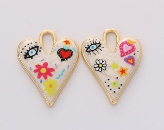 18k Gold Filled Colorful Enamel Heart Charm Large Heart Pendant For Necklace Bracelet Jewelry Making Nickel Free