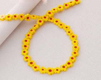 Millefiori Glass Flower Flat Round Beads ,8mm Handmade Millefiori Glass , Yellow Flower Beads Full Strand