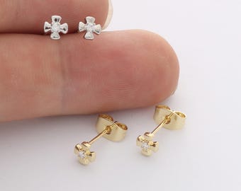 6pcs Real Gold Plated Flower Stud Earrings, Tiny Mini Dainty Earrings, Zircon Cartilage Earring Stud,Minimalist Accessories,Bulk