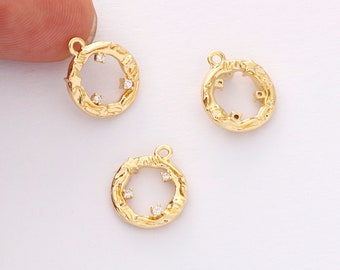 10pcs Real 18K Gold Plated Hollow Round Charm, Zircon Circle Pendant, High Quality Nickel Free