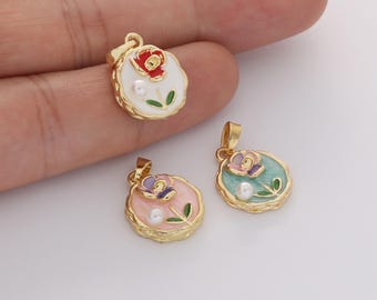 2pcs Real Gold Plated Round Enamel Flower Charm Delicate Floral Disc Pendant For Necklace/Earring Jewelry Making DIY Materials Quality