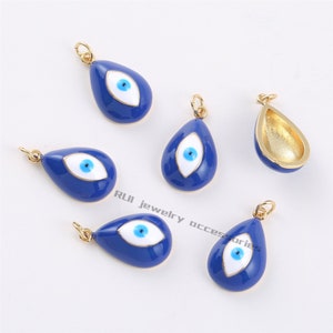 6pcs Nickel Free Real Gold Plated Enamel Evil eye Charm, Gold Initial Charm, Vermeil Evil eye Pendant, Teardrop Evil eye
