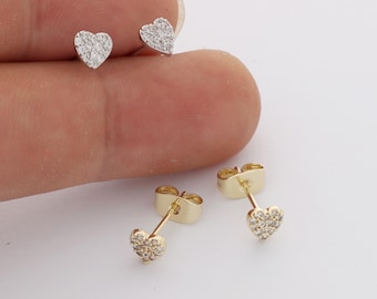 6pcs Real Gold Plated Dainty Heart Stud Earrings, Tiny Mini Pave Earrings, Zircon Cartilage Earring Stud,Minimalist Accessories,Bulk
