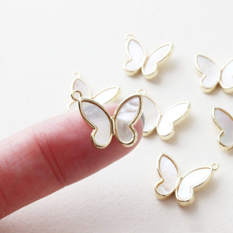 6pcs Real gold Plated Shell Butterfly Charm, Pearl White Butterfly, Pearl Butterfly Charm,Zircon Butterfly Charm, Necklace Pendant image 2