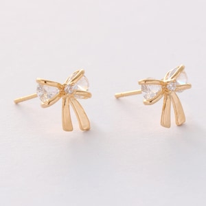 Real Gold Plated Brass Earring Posts,Earring Stud,cz Pave Bowknot Stud Earrings With Ring,Earrings Attachment,Crystal Ear Wire