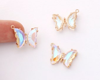 6pcs Iridescent Two Tone Gradient Colorful Glass Butterfly Charm, Ombre Glass Butterfly Connector,Jewelry Making Materials, Wholesale