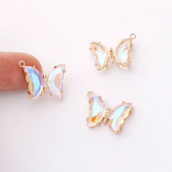 6pcs Iridescent Two Tone Gradient Colorful Glass Butterfly Charm, Ombre Glass Butterfly Connector,Jewelry Making Materials, Wholesale
