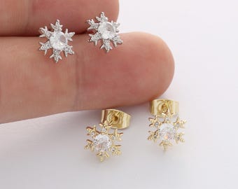 6pcs Real Gold Plated Dainty Snowflake Stud Earrings, Tiny Mini Pave Earrings, Zircon Cartilage Earring Stud,Minimalist Accessories,Bulk
