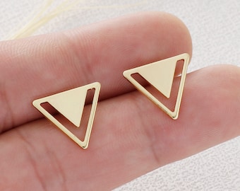 10PCS Real Gold Plated Brass Triangle Earring Posts, Earring Stud,Round Ear Studs, Earring accessories