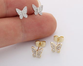 6pcs Real Gold Plated Dainty Butterfly Stud Earrings, Tiny Mini Pave Earrings, Zircon Cartilage Earring Stud,Minimalist Accessories,Bulk