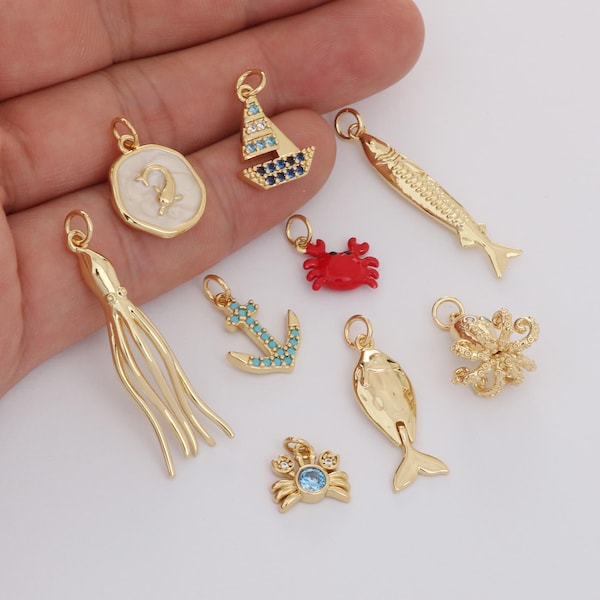 18k guldfylld bläckfisk/bläckfisk/krabba/fisk berlock segelbåt/ankare hänge för halsband och armband smyckestillverkning