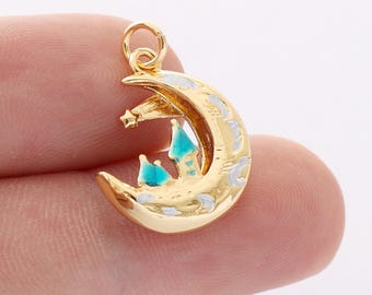 Gold crescent moon charm,gold filled color enamel celestial star crescent moon round coin charm