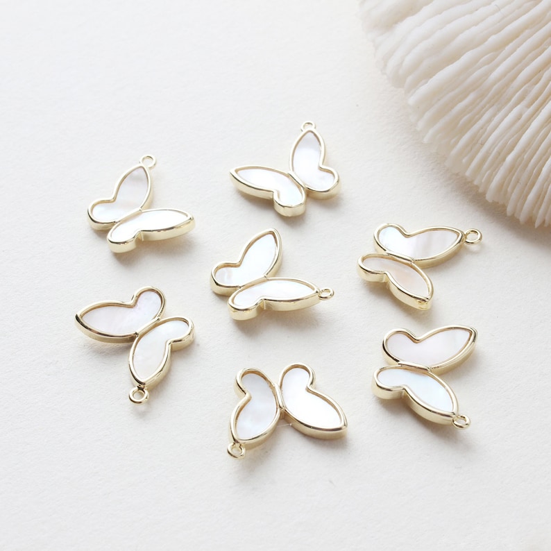 6pcs Real gold Plated Shell Butterfly Charm, Pearl White Butterfly, Pearl Butterfly Charm,Zircon Butterfly Charm, Necklace Pendant image 6