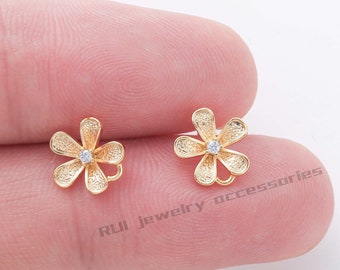 10pcs Real Gold Plated Brass Flower Earrings, Tiny Rose Earrings,Flower Ear Post, Gold Flower Post earrings,Earring accessories