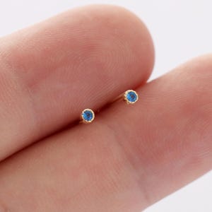 May include: A pair of gold stud earrings with small blue gemstones. The earrings are simple and elegant.