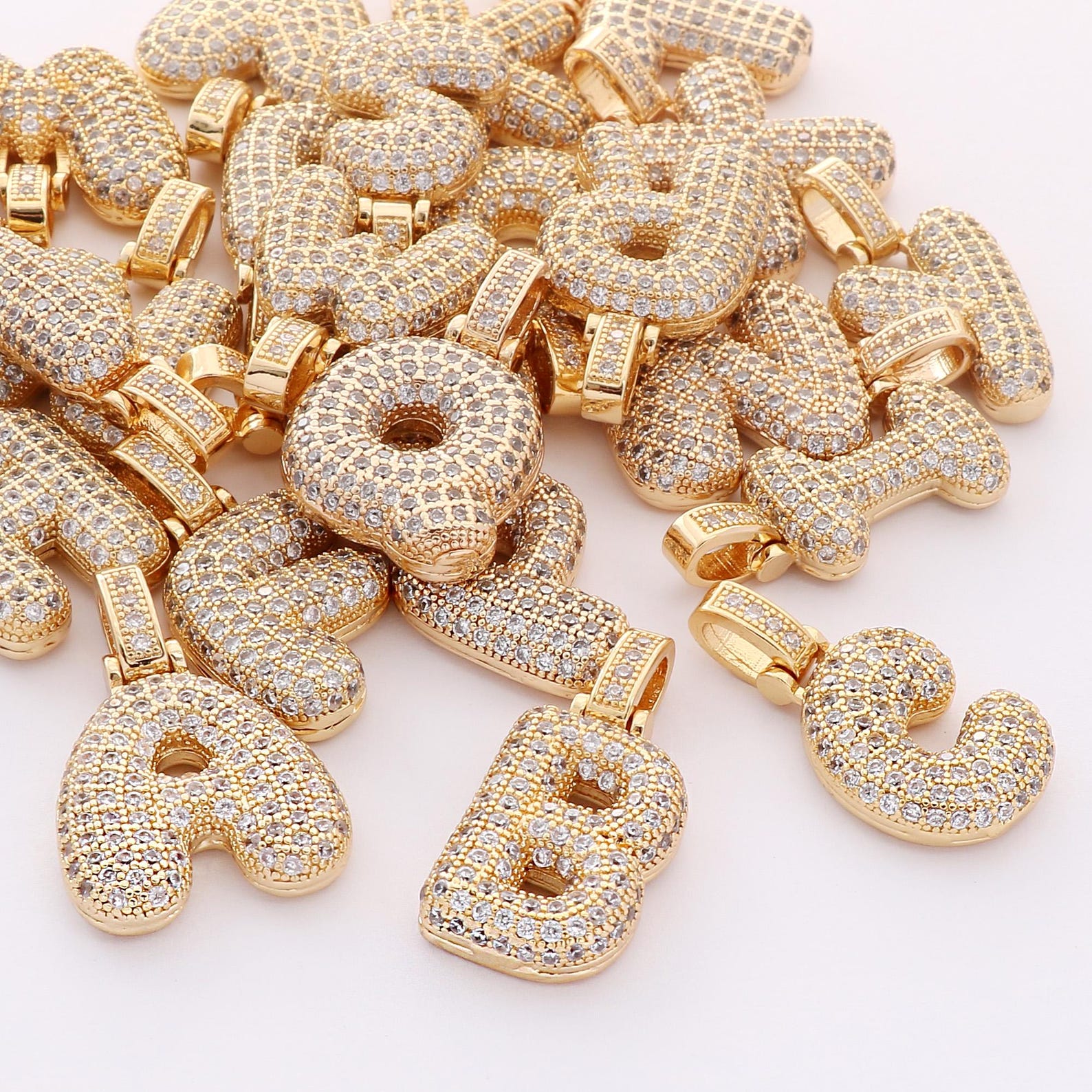 24K Gold Filled Alphabet Balloon Charm,puffy Zirconia Gold Initial ...