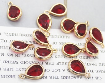 10pcs Gold Plated Teardrop Charm, Tiny Mini Glass Charm, Red Stone Charm, July Birthstone, Quality Jewelry Supply