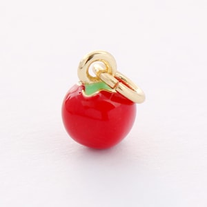 May include: A gold charm in the shape of a red tomato with a green stem. The charm has a loop for attaching to a bracelet or necklace.