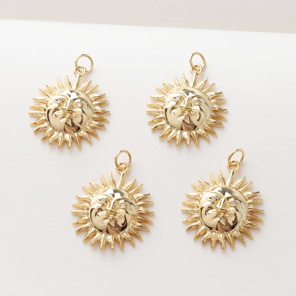 6pcs High Quality Real Gold Plated Sun Charm , Sun & Moon,Bracelet Necklace Pendant, Sunflower Charm, Nickel free