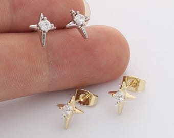 6pcs Real Gold Plated Dainty Cross Stud Earrings, Tiny Mini Star Earrings, Zircon Cartilage Earring Stud,Minimalist Accessories,Bulk