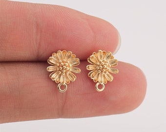 10pcs Real Gold Plated Brass Flower Earrings, Tiny Daisy Earrings,Leaf Ear Post, Gold Flower Post earrings,Earring accessories